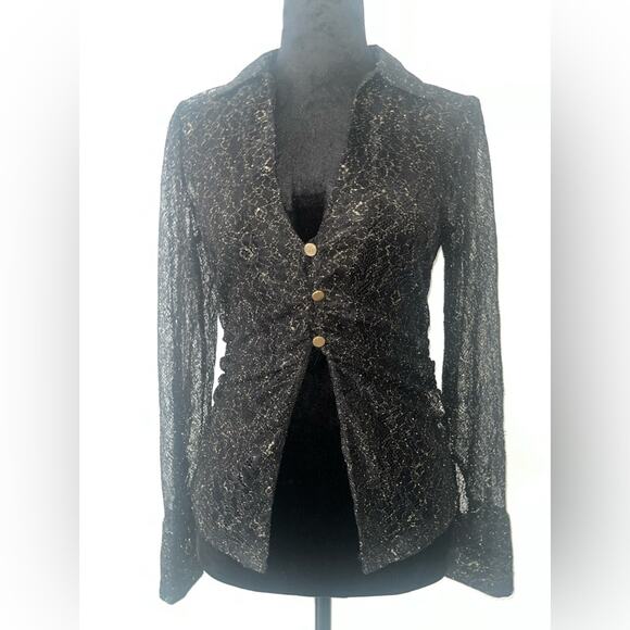 ZARA Sheer Black Lace Gold Buttons Long Sleeve Blouse Top Shimmery NWT - Picture 2 of 7